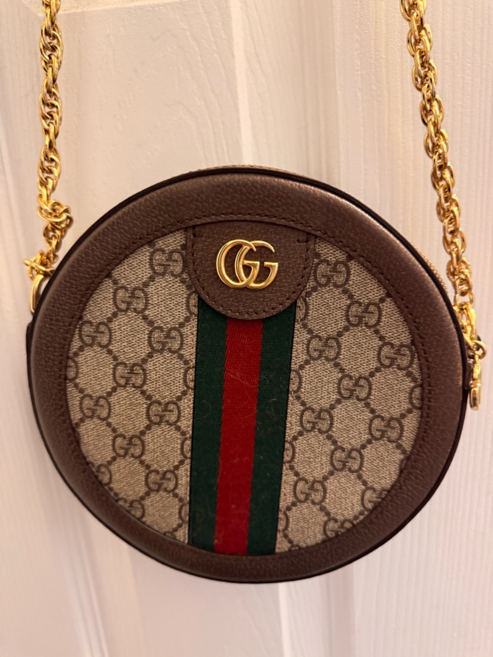 Gucci Beige GG Supreme Round Crossbody with Brown Trim and Green-Red Stripe
